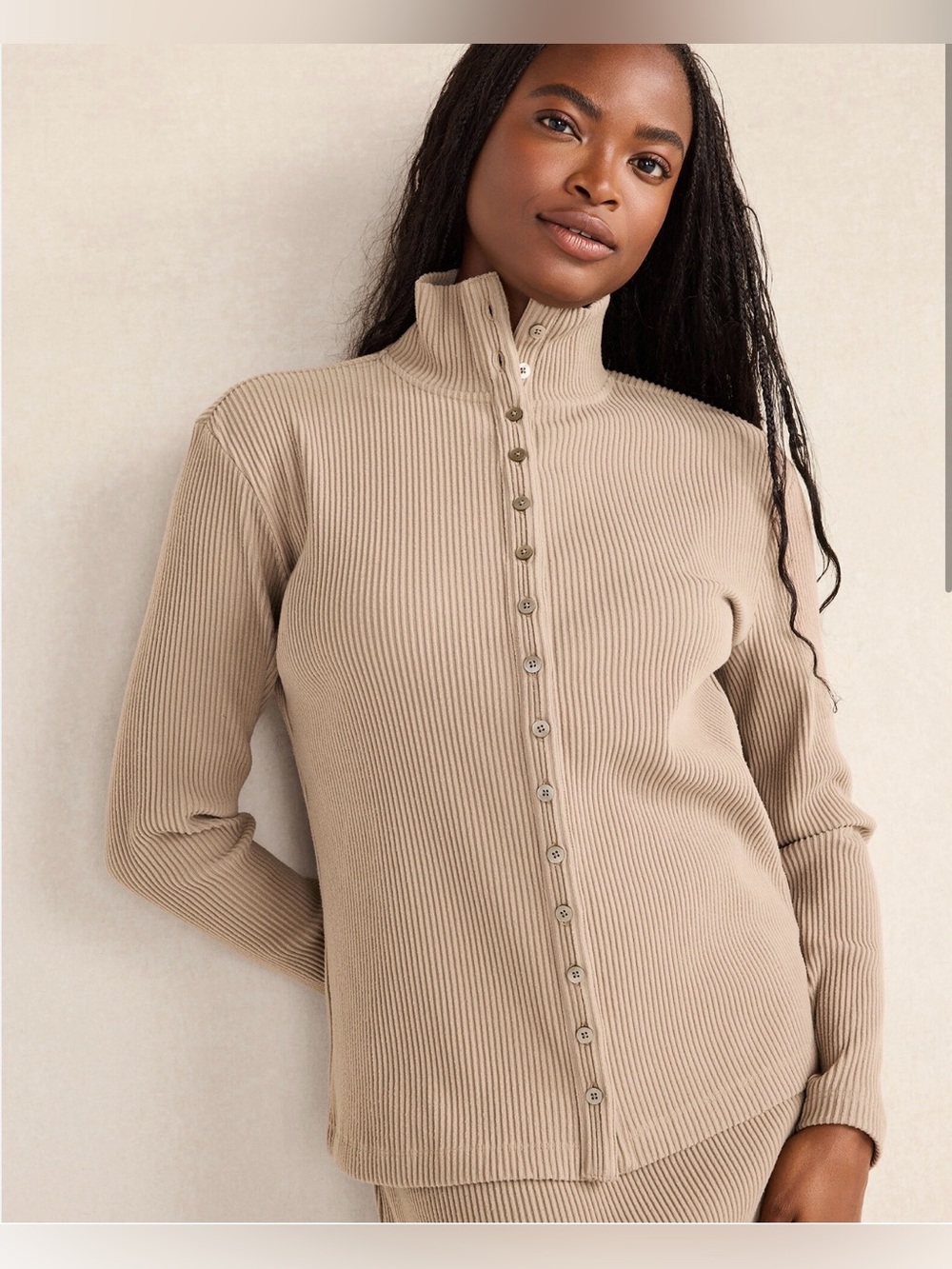 Ribbed Button-Front Long Sleeve Top in Taupe